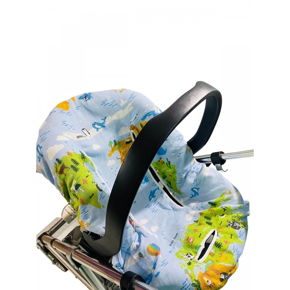 Tilki ve Haritalı Müslin Oto Koltuk Kılıfı - Lastikli Çift Kat