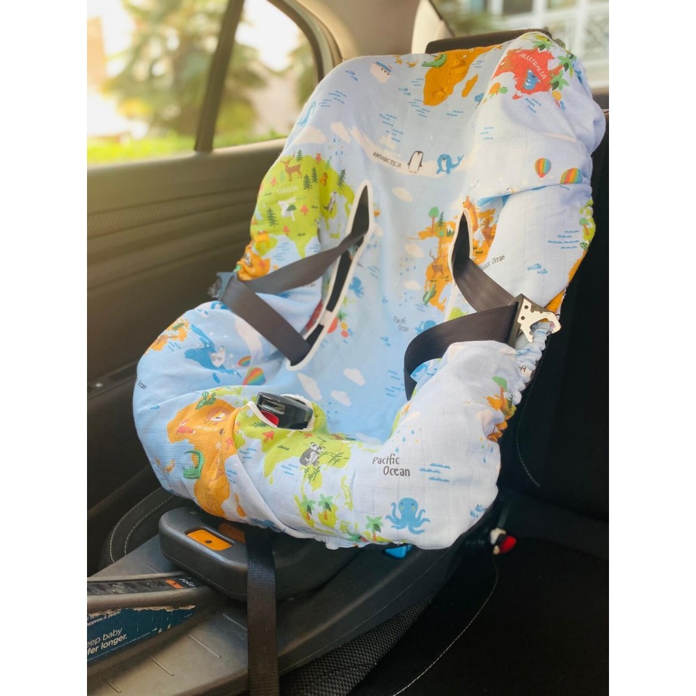 Harita ve Uykucu Hayvan Müslin Oto Koltuk Kılıfı - Lastikli Çift Kat
