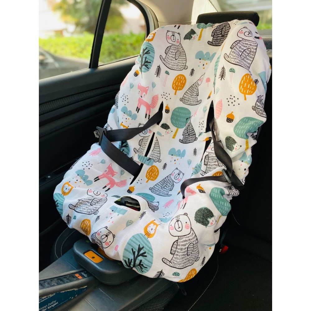 Tilki ve Haritalı Müslin Oto Koltuk Kılıfı - Lastikli Çift Kat
