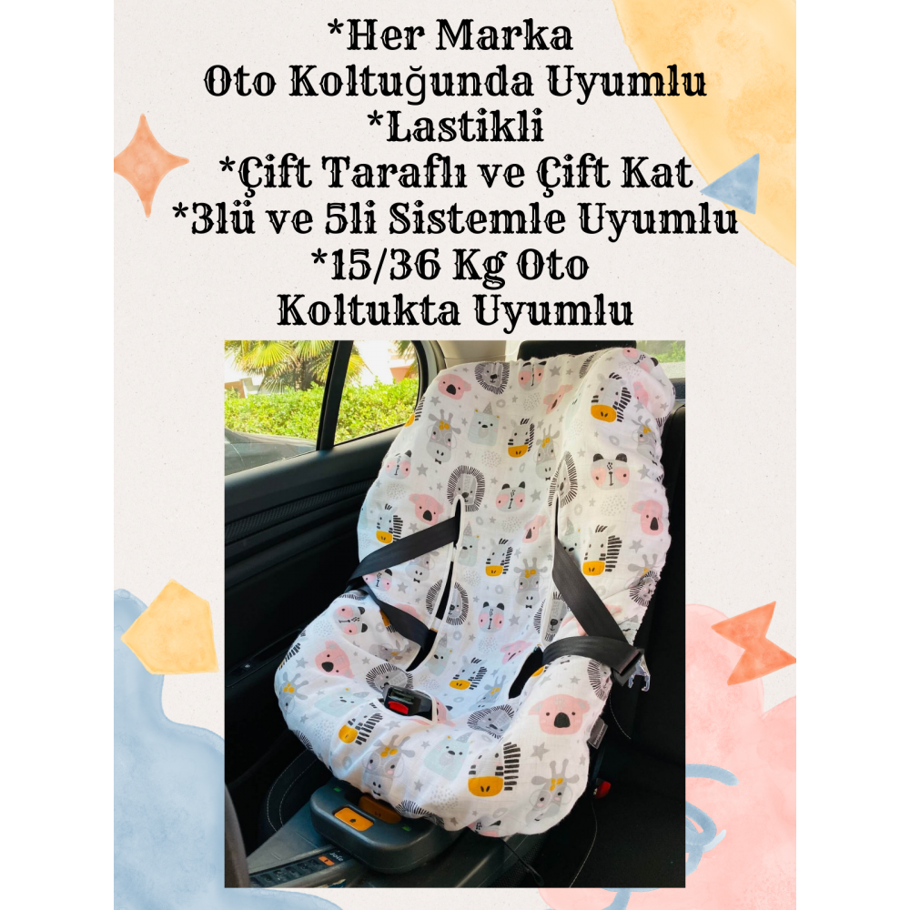 Helikopter ve Mavi Kaplanlı Müslin Oto Koltuk Kılıfı - Lastikli Çift Kat